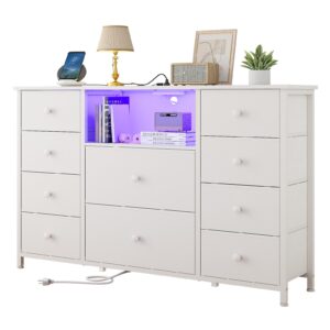 ldttcuk dresser with charging station and led lights, long dresser for bedroom dresser tv stand with 10 drawers, fabric chest of drawers with pu finish, wide dresser storage organizer, white