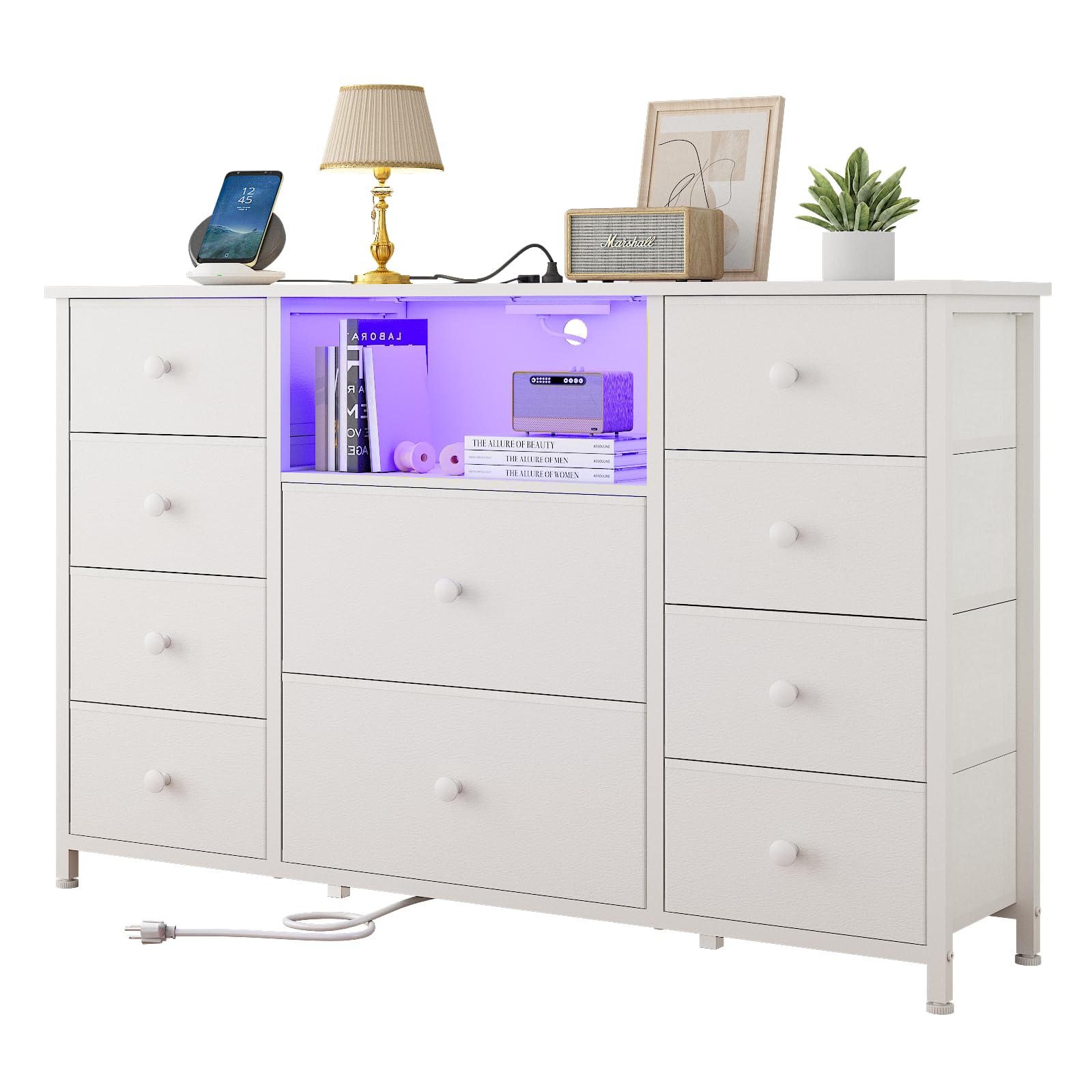 LDTTCUK Dresser with Charging Station and LED Lights, Long Dresser for Bedroom Dresser TV Stand with 10 Drawers, Fabric Chest of Drawers with PU Finish, Wide Dresser Storage Organizer, White