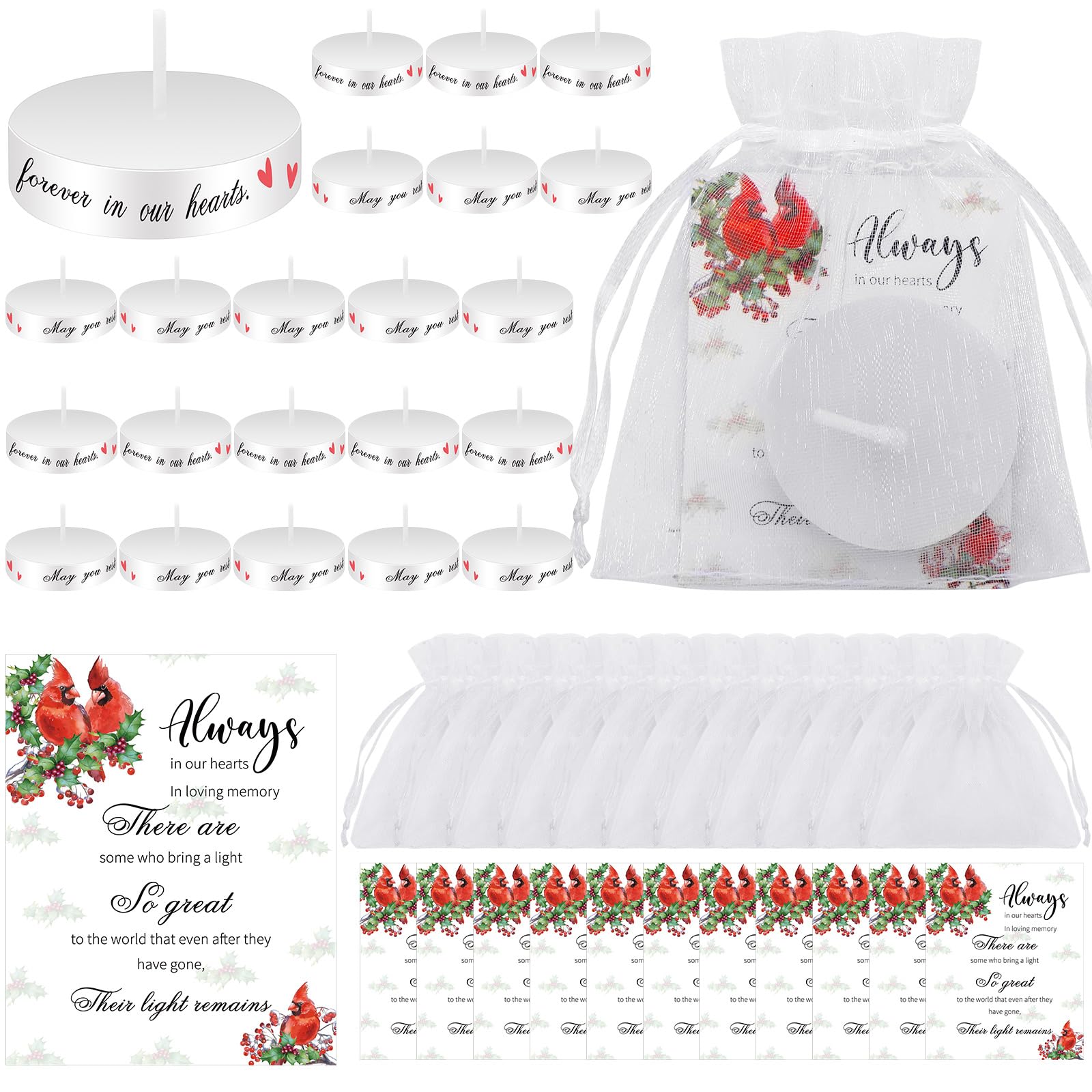 MTLEE 50 Set Funeral Favors White Unscented Memorial Tealight Candle Funeral Gift Candle with 50 Condolence Bereavement Cards and 50 Organza Bags for Guest Bereavement Celebration of Life Decoration