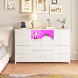 LDTTCUK Dresser with Charging Station and LED Lights, Long Dresser for Bedroom Dresser TV Stand with 10 Drawers, Fabric Chest of Drawers with PU Finish, Wide Dresser Storage Organizer, White