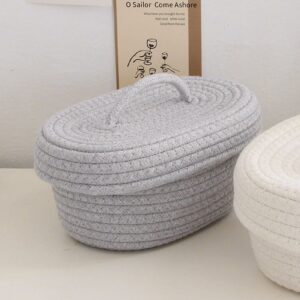 Storage Bins with Lids Rope Basket with Lid Handmade Cotton Rope Storage Basket Desktop Storage Box for Makeup Sundries Snack Needles(Gray)