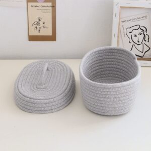 Storage Bins with Lids Rope Basket with Lid Handmade Cotton Rope Storage Basket Desktop Storage Box for Makeup Sundries Snack Needles(Gray)