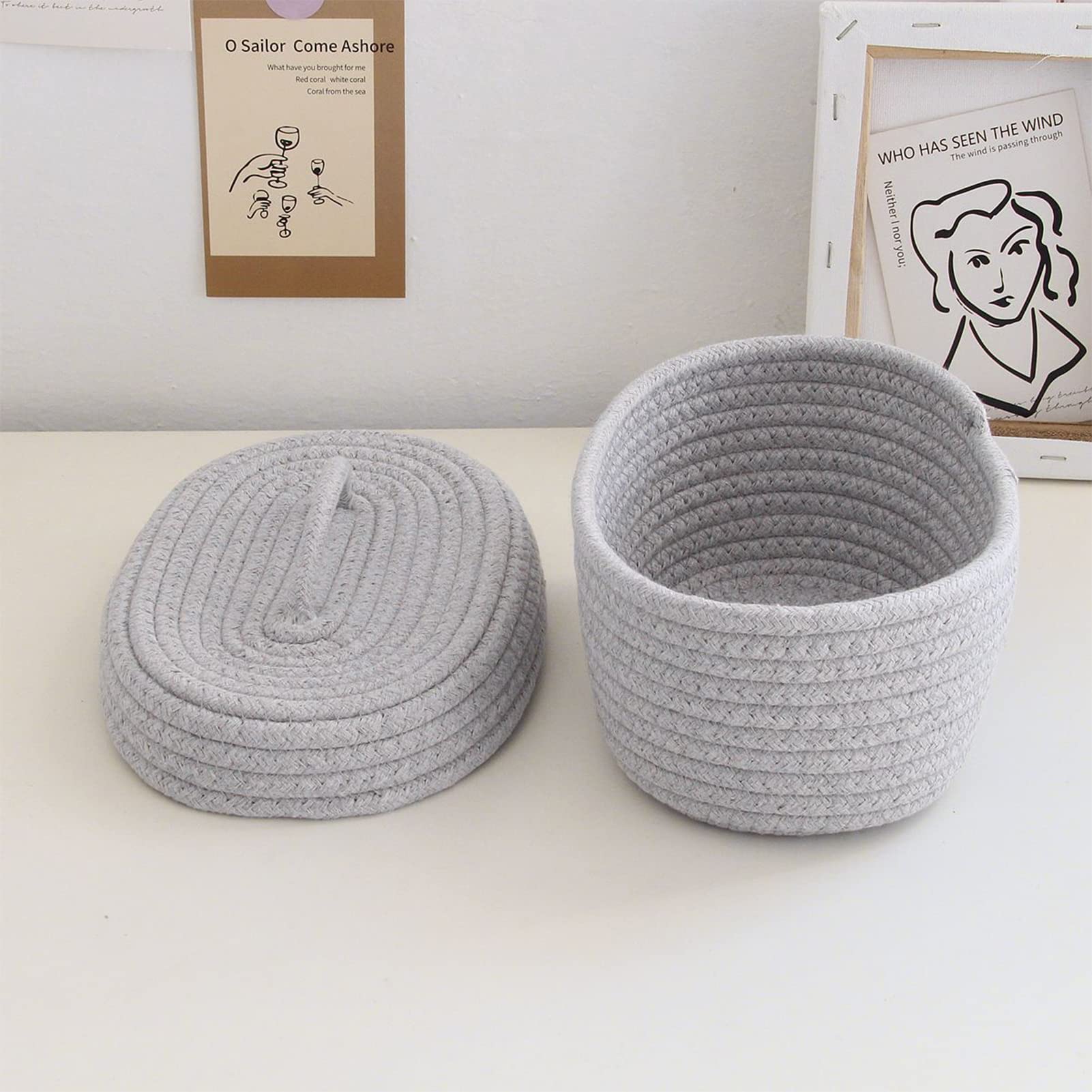 Storage Bins with Lids Rope Basket with Lid Handmade Cotton Rope Storage Basket Desktop Storage Box for Makeup Sundries Snack Needles(Gray)