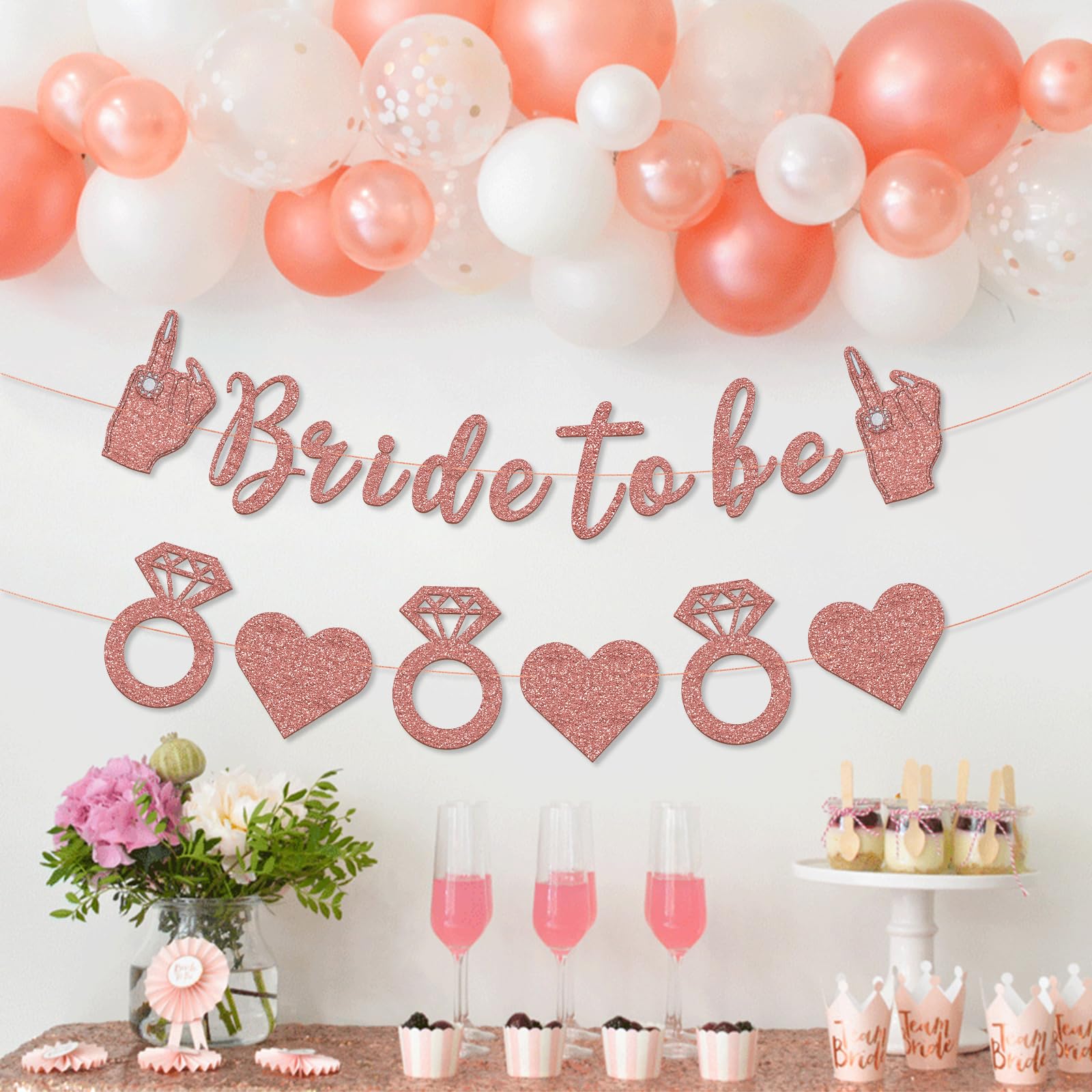 Gifloon Pre-Strung Bride to Be Banner with Ring Finger, Glitter Bride to Be Sign for Bridal Shower Bachelorette Party Decorations, Funny Bridal Shower Banner, Rose Gold