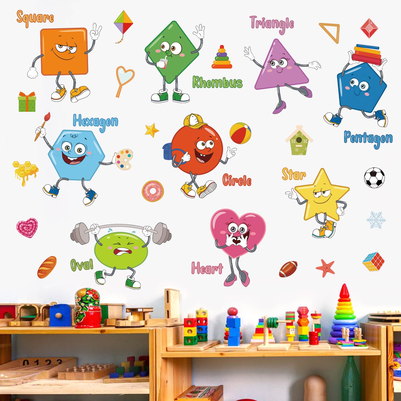 wondever Colorful Shapes Wall Stickers Educational Learning Geometry Peel and Stick Wall Art Decals for Toddlers Kids Room Classroom Playroom