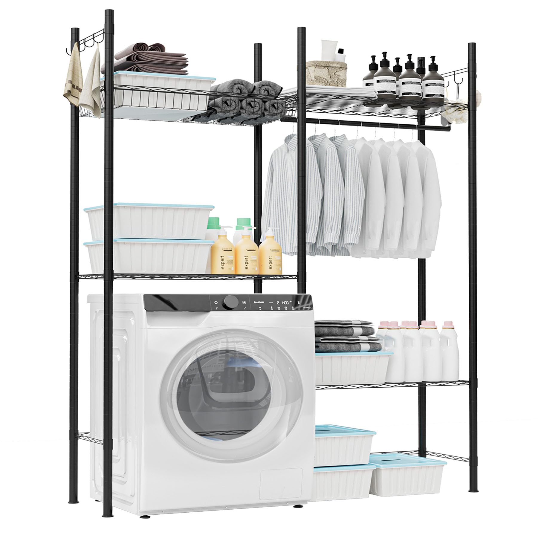 UEAKPIC Over Washer and Dryer Shelves, Laundry Room Space Saver Deepening Bathroom Storage and Organizer Storage for Hanging Towels or Drying Clothes, 57.68”W X 17.32”D X 77”H, Black