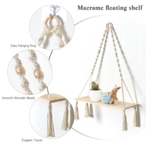 Betylifoy Macrame Wall Hanging Shelves Rustic Macrame Shelf Set of 2 Boho Wall Decor Wood Floating Storage Shelves Plant Hanger for Bedroom Bathroom Living Room Photo Display