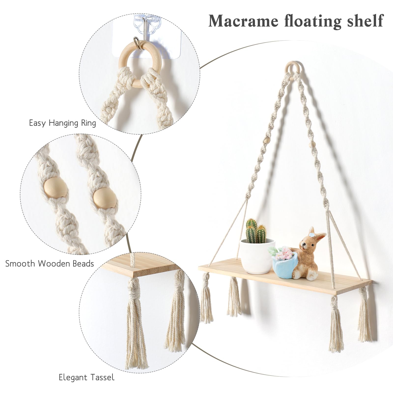 Betylifoy Macrame Wall Hanging Shelves Rustic Macrame Shelf Set of 2 Boho Wall Decor Wood Floating Storage Shelves Plant Hanger for Bedroom Bathroom Living Room Photo Display