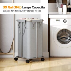 HOOBRO Laundry Basket with Wheels, 30 Gallons (114 L) Rolling Laundry Hamper, Narrow Slim Laundry Sorter with Removable Oxford Fabric Bag, Laundry Room, Dorm Room, Bedroom, Gray and Silver SG06XY01