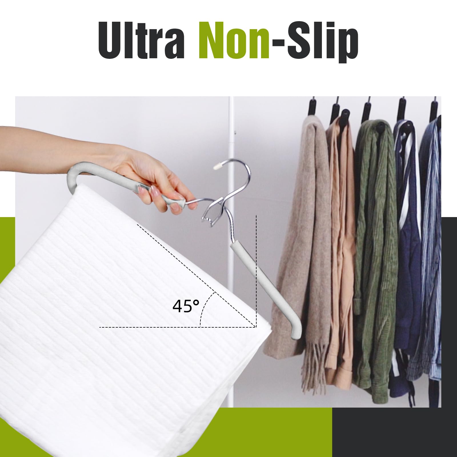 Spring Fever Foam Padded Clothes Hangers with Hooks - Sponge Non Slip Chrome Plating Heavy Duty Space Saving Open Ended for Women Men Pants Coat Green-Grey 5 Pack