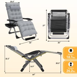 Slendor Zero Gravity Chairs,26" Padded Zero Gravity Recliner, Lounge Chair for Outside, Lawn Patio Chair with Aluminum Alloy Lock, Foot Rest, Cup Holder, Support 440lbs, Gray