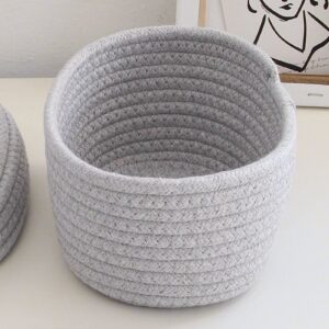 Storage Bins with Lids Rope Basket with Lid Handmade Cotton Rope Storage Basket Desktop Storage Box for Makeup Sundries Snack Needles(Gray)