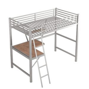 Twin Size Loft Metal&MDF Bed with Desk and Shelf,Space-Saving Furniture for Teen bedrooms.No Box Spring (Silver~P)