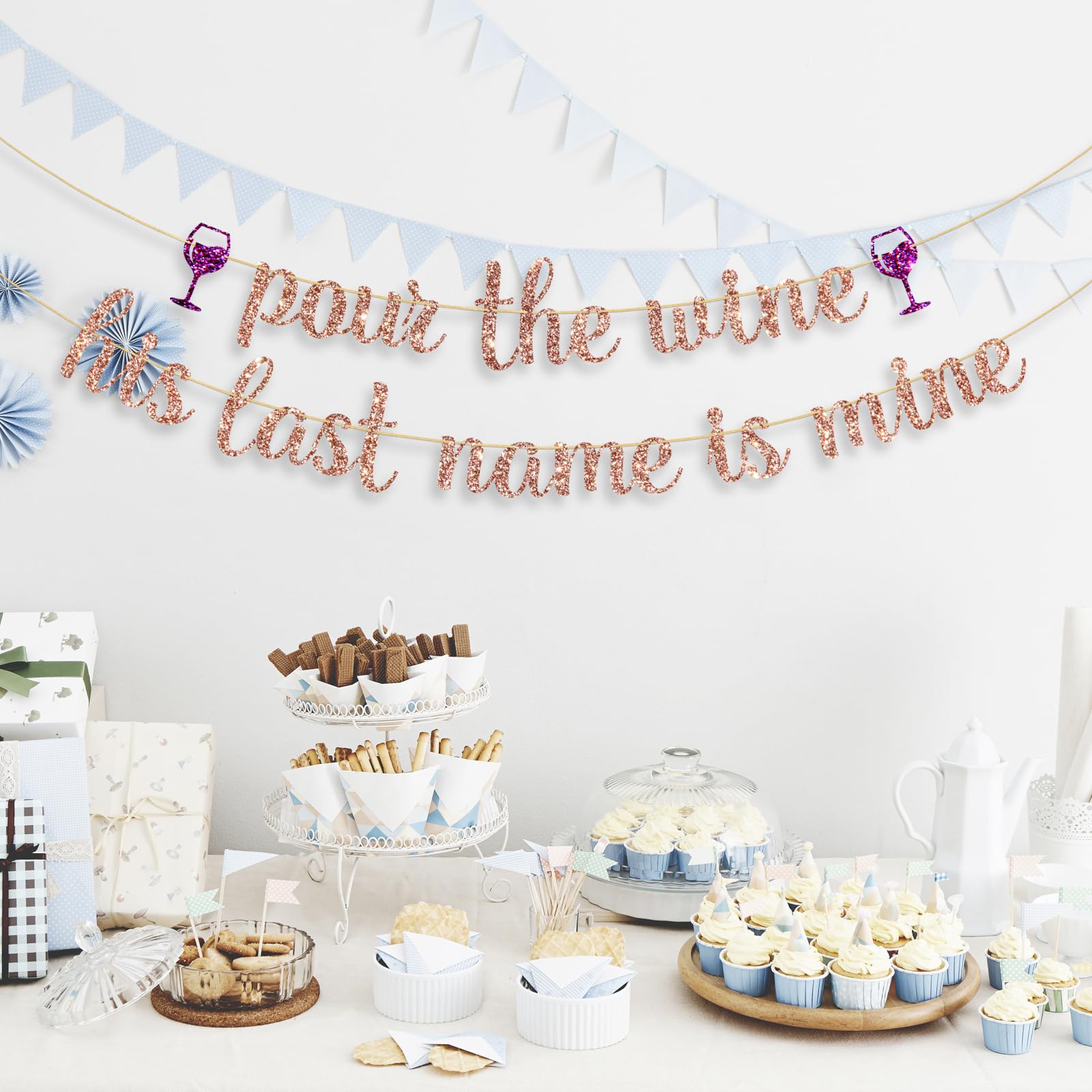 Ambishi Rose Gold Glitter Pour The Wine His Last Name is Mine Banner, Funny Bachelorette Party Decoration Sign, Wine Theme Bridal Shower Party Bunting Decor Photo Booth Props