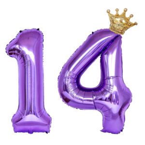 yfhvjtko 32 inch number 14 gold crown balloon set,14th celebration decorations for happy 14th birthday party wedding bridal shower engagement photo shoot anniversary decoration, purple 14 balloon