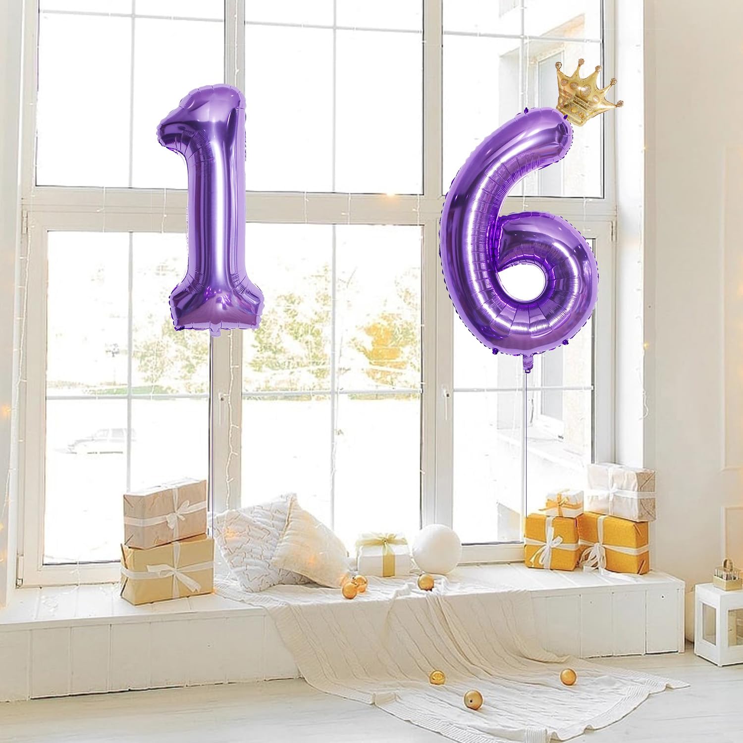 YFHVJTKO 32 Inch Number 16 Gold Crown Balloon Set,16th Celebration Decorations for Happy 16th Birthday Party Wedding Bridal Shower Engagement Photo Shoot Anniversary Decoration, Purple 16 Balloon