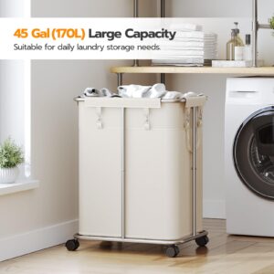 HOOBRO Laundry Basket with Wheels, 45 Gallons (170L) Rolling Laundry Hamper, Narrow Slim Laundry Sorter with Removable Oxford Fabric Bag, Laundry Room, Dorm Room, Bedroom, Beige and Silver SW05XY01