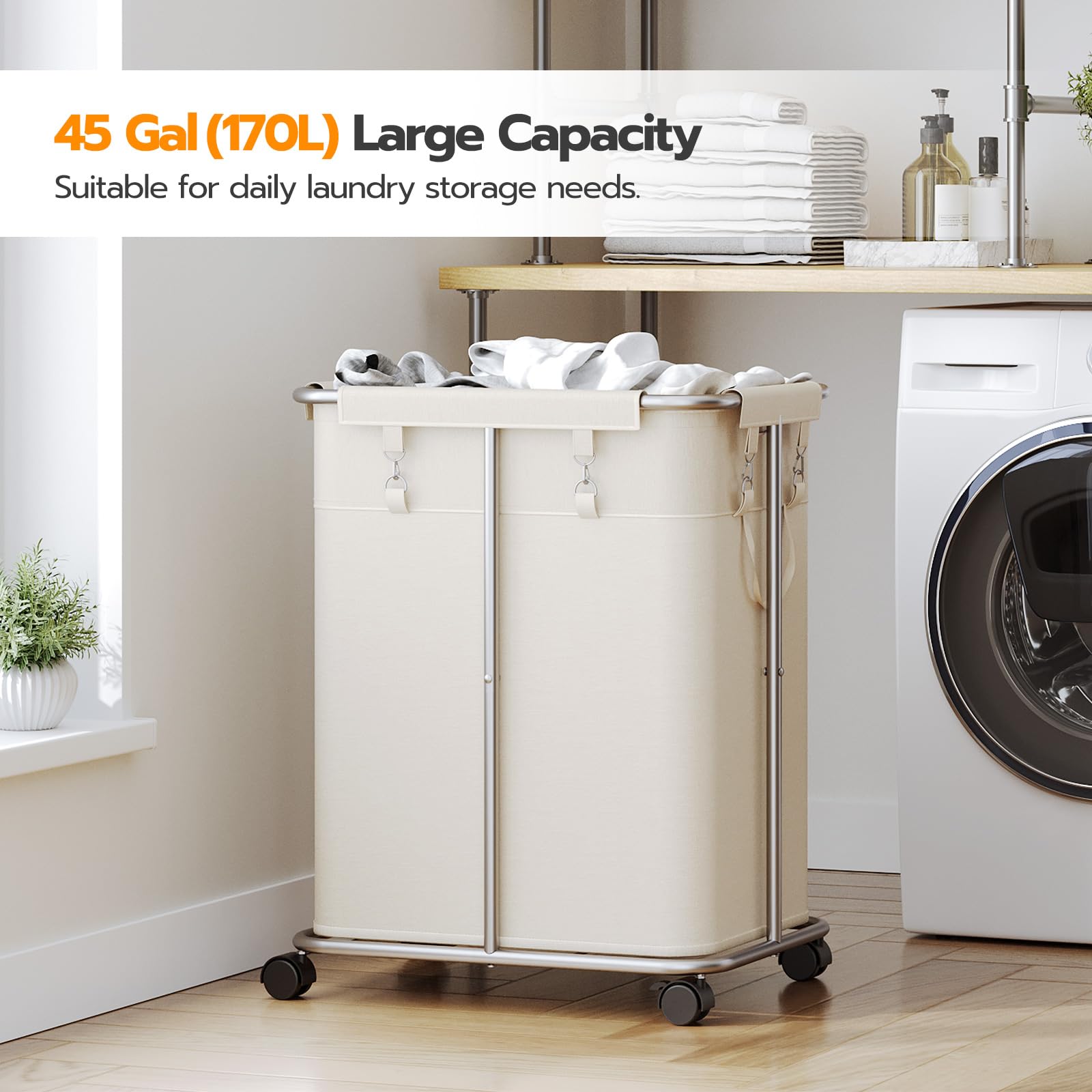 HOOBRO Laundry Basket with Wheels, 45 Gallons (170L) Rolling Laundry Hamper, Narrow Slim Laundry Sorter with Removable Oxford Fabric Bag, Laundry Room, Dorm Room, Bedroom, Beige and Silver SW05XY01