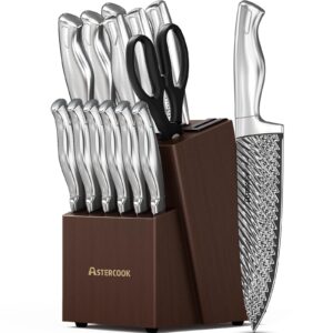 knife set, 15 pieces kitchen knife set with built in sharpener block, german stainless steel knife block set