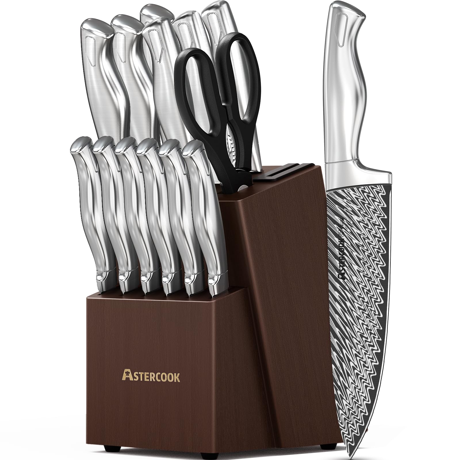 Knife Set, 15 Pieces Kitchen Knife Set with Built in Sharpener Block, German Stainless Steel Knife Block Set