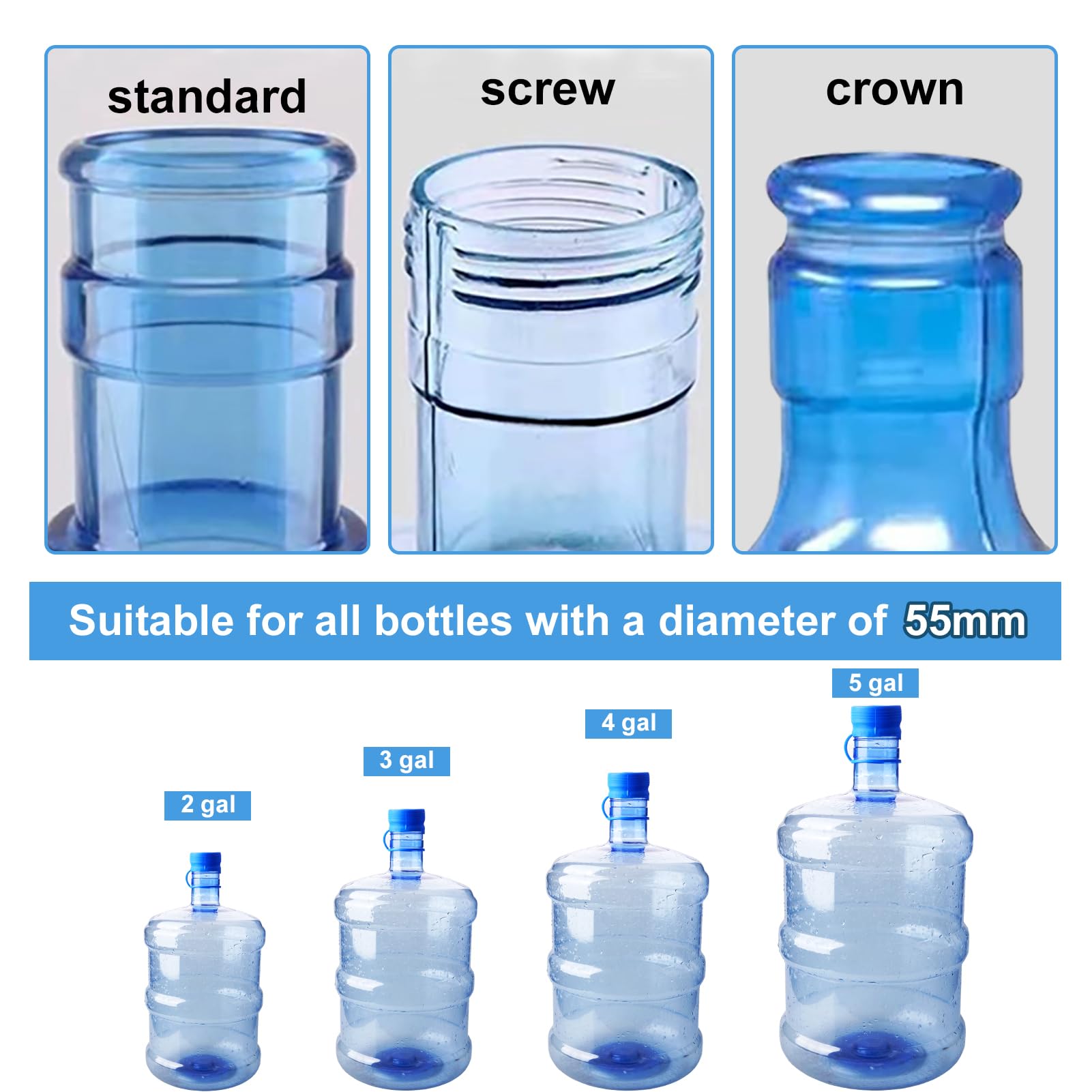 5 Gallon Water Jug Caps 4 Pcs, Food Grade Silicone Reusable Replacement Lid, Fit for 55mm Standard/Screw/Crown Top Water Dispensers Leak-Proof Cap Compatible with 3 & 5 Gallon Water Bottle Cap