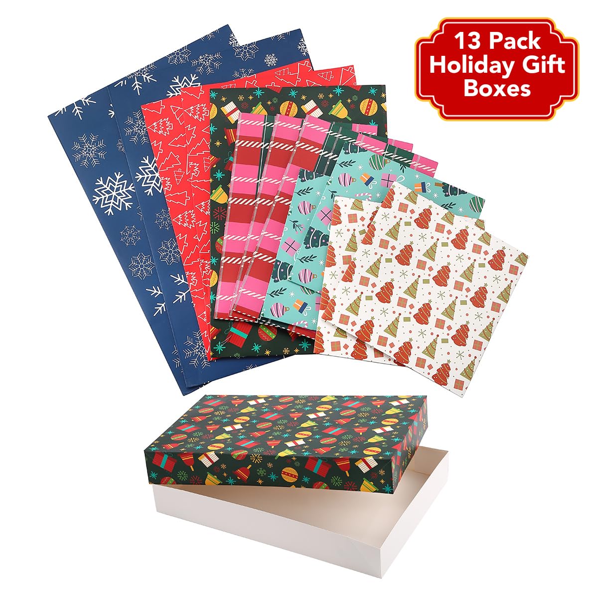 NUJOVI 13 Piece Christmas Gift Boxes with Lids - Beautiful Assorted Boxes for Wrapping Gifts with 4 inch Deep Robe Boxes and 8x8x4 Gift Box - Gift Boxes for Presents, Shirt, Robe, Lingerie, etc