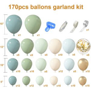 Amandir 170Pcs Dusty Blue Green Balloon Garland Arch Kit, Haze Fog Blue Ash Mist Sage Green Sand White Gold Confetti Balloons for Baby Shower Wedding Bridal Boho Birthday Party Backdrop Decorations