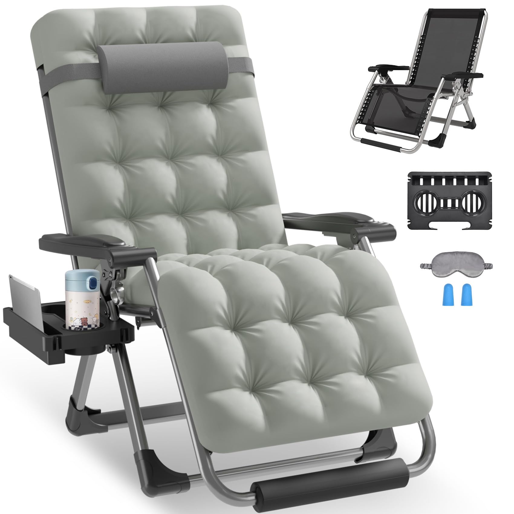 Slendor Zero Gravity Chairs,26" Padded Zero Gravity Recliner, Lounge Chair for Outside, Lawn Patio Chair with Aluminum Alloy Lock, Foot Rest, Cup Holder, Support 440lbs, Gray