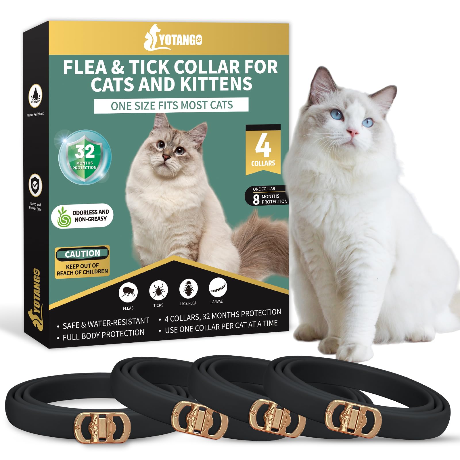 YOTANGO 4 Pack Flea Collar for Cats, 32 Months Flea and Tick Prevention for Cats, Waterproof Cat Flea Collar, Cat Flea and Tick Treatment, Adjustable Flea and Tick Collar for Cats Kittens-Black