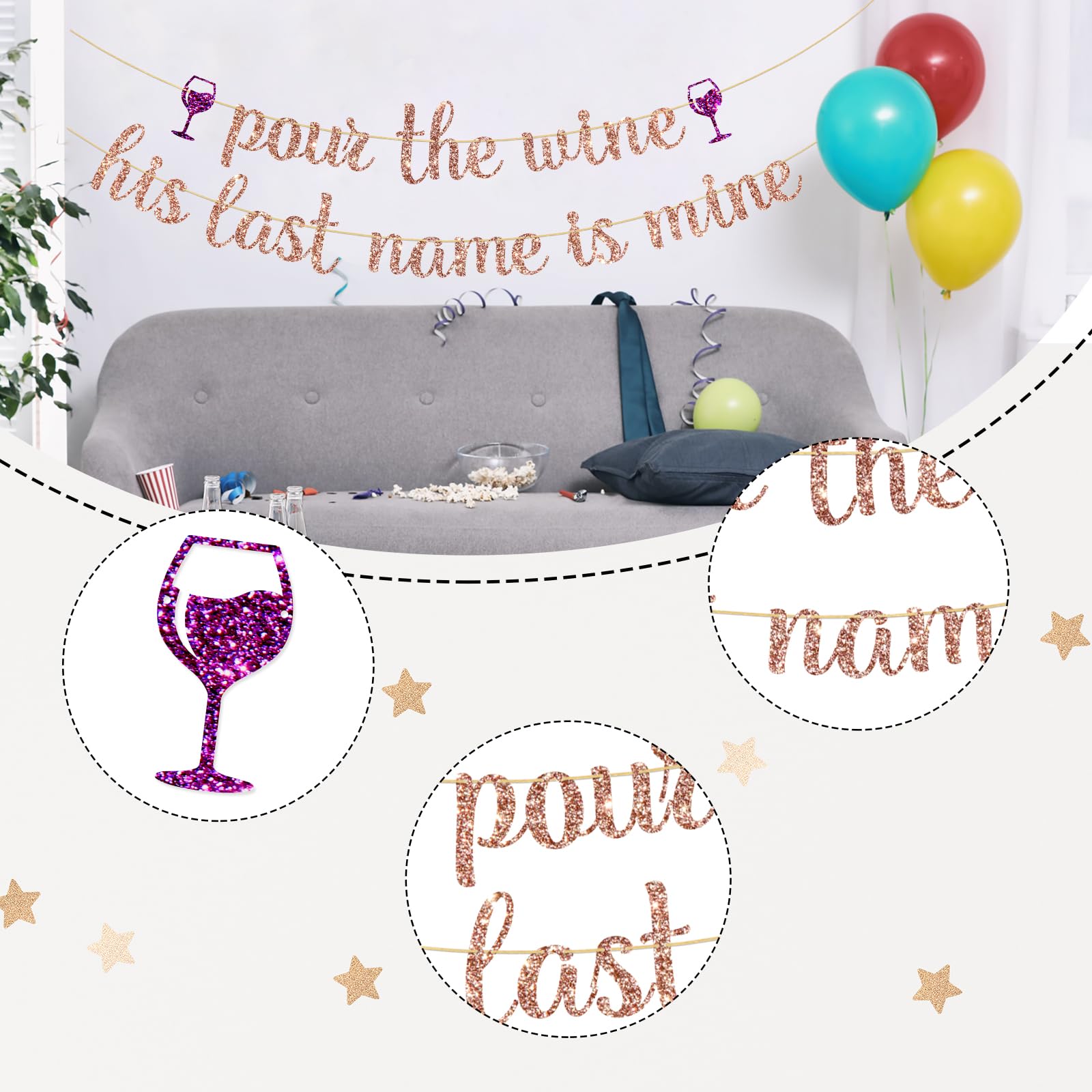 Ambishi Rose Gold Glitter Pour The Wine His Last Name is Mine Banner, Funny Bachelorette Party Decoration Sign, Wine Theme Bridal Shower Party Bunting Decor Photo Booth Props