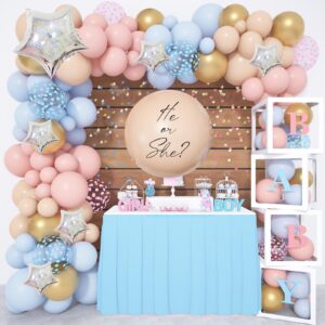 amandir 164pcs gender reveal baby boxes balloon decorations, gender reveal balloon garland kit 4pcs baby boxes with letters (a-z+baby) for baby shower birthday he or she gender reveal party supplies