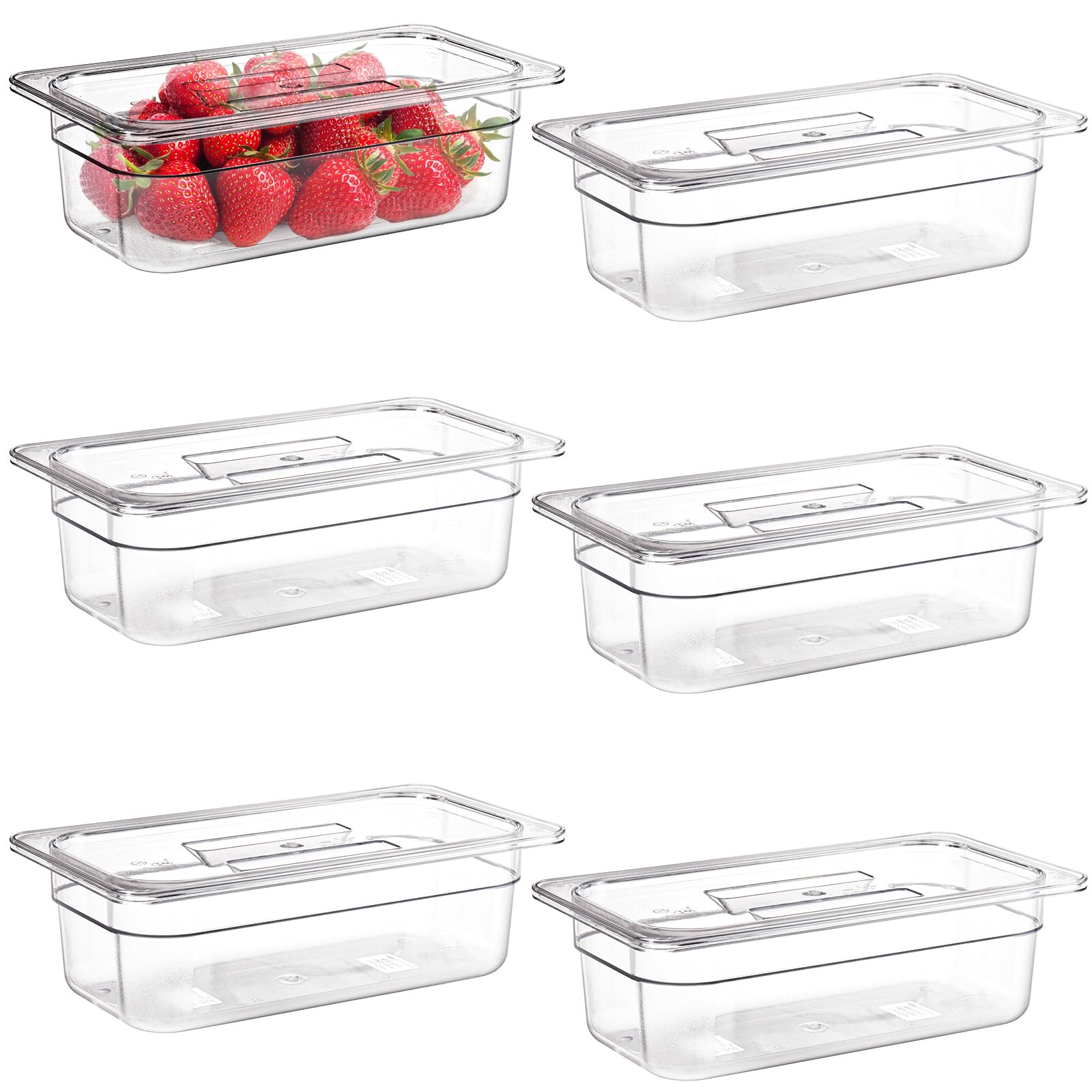 Bekith 6 Pack Plastic Clear Food Pans with Lids, 1/3 Size 4 Inch Deep Stackable Commercial Polycarbonate Pans for Kitchen Restaurant Food Prep, Freezer-Safe