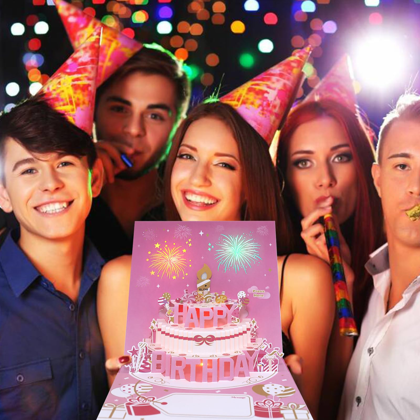 DTESL Musical Birthday Cards with Light and Music, Blowable, 3D Birthday Popup Cards for Men & Women– Plays Hit Song 'HAPPY Birthday' (pink)