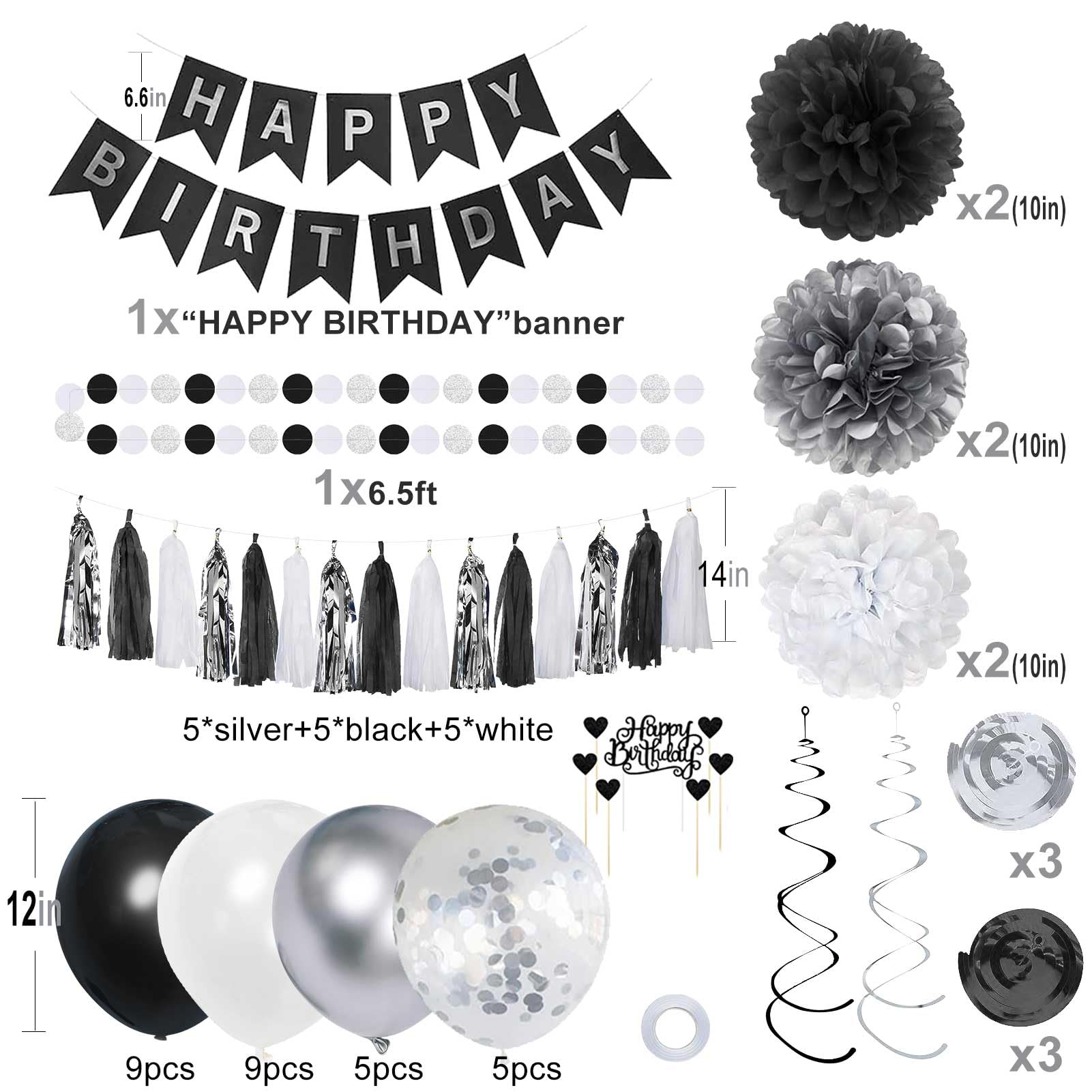 YGYXMY Birthday Decorations for Men | Black and Silver Happy Birthday Party Decorations | Black and White Birthday Party Supplies | Banner, Balloons, Tissue Pompoms, Swirls, Tassels Garland