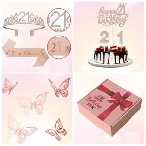 21st Birthday Decorations for Her Girls Sweet Birthday Gifts Rose Gold 21st Birthday Sash, Tiara, Cake Topper, Number 21st Candles, Happy 21st Birthday Banner, 3D Butterfly 12pcs, Birthday Supplies