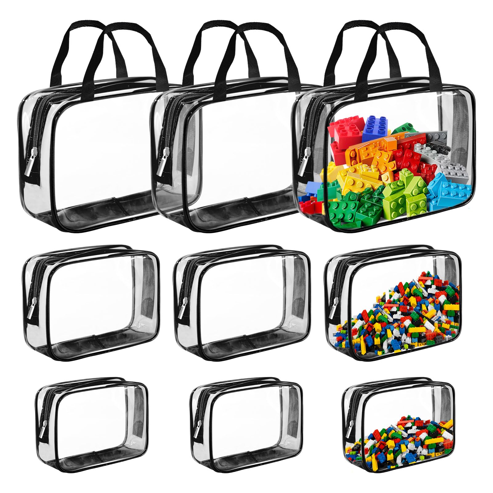 9 Packs Clear PVC Toy Storage Bags Toiletry Bags Waterproof Kids Zippered Toy Organizing Bags for Building Blocks Puzzle Stationery Black