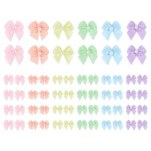 meseey 60pcs mini pastel rainbow satin ribbon bows with pearl 1 inch colored craft bows flowers appliques diy craft for sewing, scrapbooking, wedding, gift,christmas decoration (pastel)