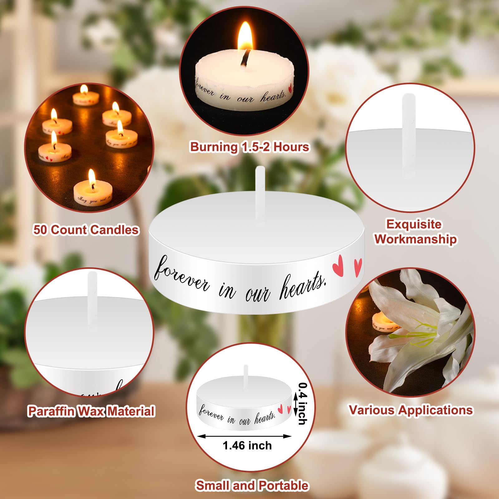 MTLEE 50 Set Funeral Favors White Unscented Memorial Tealight Candle Funeral Gift Candle with 50 Condolence Bereavement Cards and 50 Organza Bags for Guest Bereavement Celebration of Life Decoration