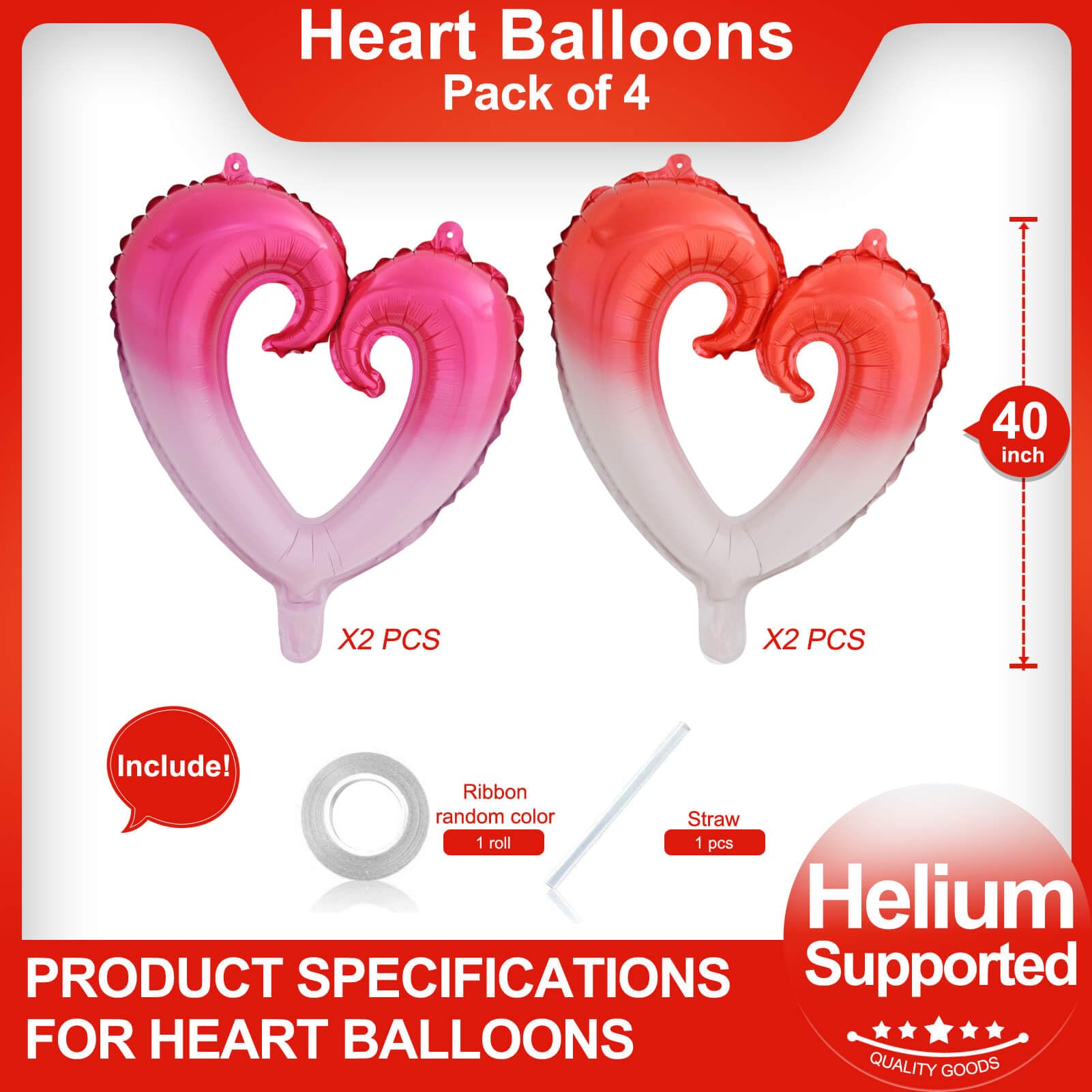 4 Pcs Huge Gradient Pink Heart Balloons 40 Inch Heart Shaped Balloons for Valentines Day Decorations Bridal Shower Wedding Party Decorations (Red,Pink)