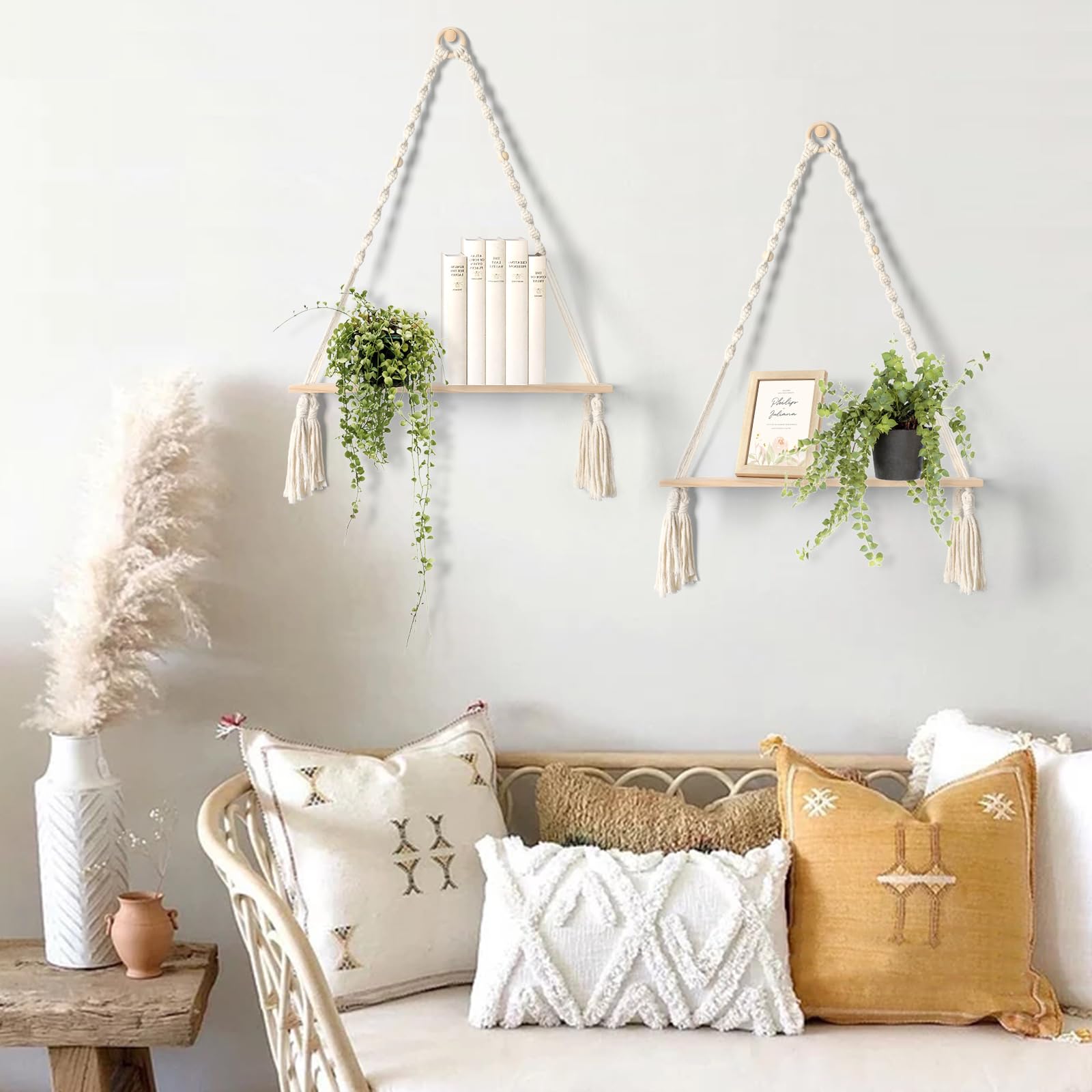 Betylifoy Macrame Wall Hanging Shelves Rustic Macrame Shelf Set of 2 Boho Wall Decor Wood Floating Storage Shelves Plant Hanger for Bedroom Bathroom Living Room Photo Display