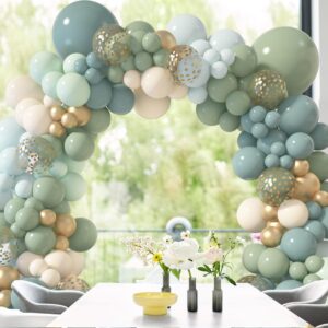 Amandir 170Pcs Dusty Blue Green Balloon Garland Arch Kit, Haze Fog Blue Ash Mist Sage Green Sand White Gold Confetti Balloons for Baby Shower Wedding Bridal Boho Birthday Party Backdrop Decorations