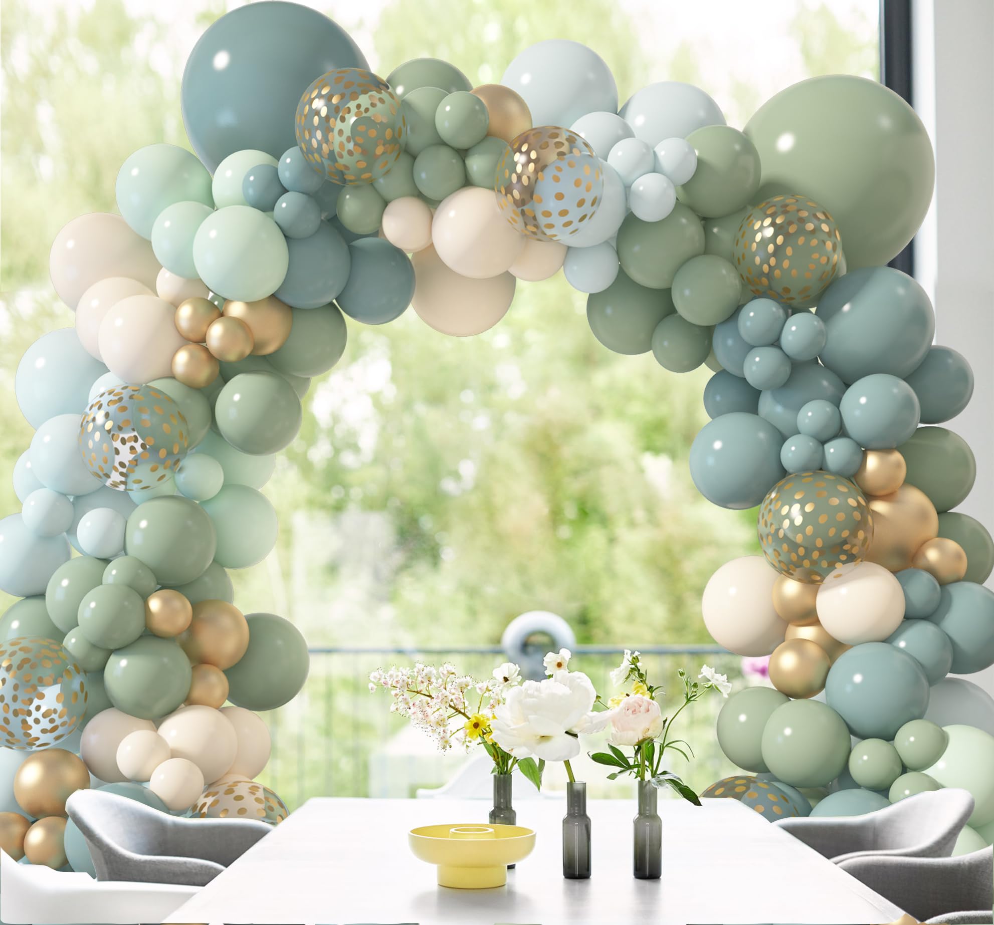 Amandir 170Pcs Dusty Blue Green Balloon Garland Arch Kit, Haze Fog Blue Ash Mist Sage Green Sand White Gold Confetti Balloons for Baby Shower Wedding Bridal Boho Birthday Party Backdrop Decorations