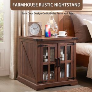 Barnyatoh Farmhouse End Table with Charging Station,24" Large Sofa Side Table with Glass Barn Door, Rustic Wood Nightstand Bedside Table with Adjustable Storage Shelf for Living Room, Bedroom, Walnut