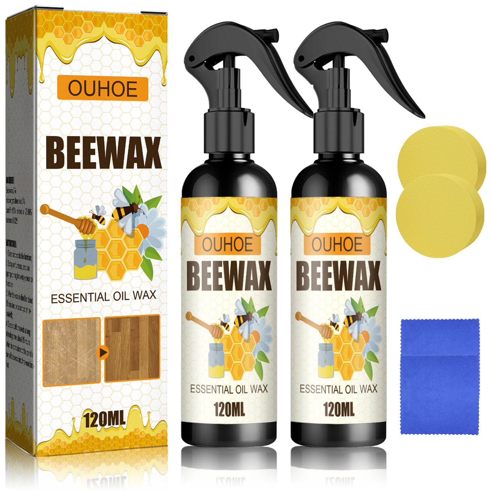 NUOKOU 2PCS Natural Beeswax Spray, Beeswax Spray Cleaner, Beeswax Furniture Polish, The Original Beeswax Spray, Wood Seasoning Beewax For Furniture Floor, for Furniture, Floor, Tables, Cabinets