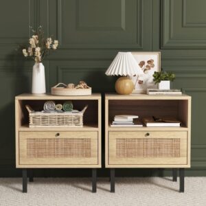 rattan nightstands set of 2, boho night stand with 1 door, accent end table, wood bediside table with metal legs&open shelf, natural wood