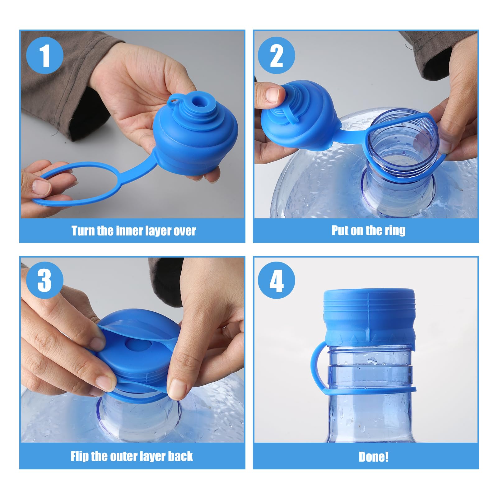 5 Gallon Water Jug Caps 4 Pcs, Food Grade Silicone Reusable Replacement Lid, Fit for 55mm Standard/Screw/Crown Top Water Dispensers Leak-Proof Cap Compatible with 3 & 5 Gallon Water Bottle Cap