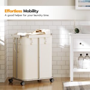 HOOBRO Laundry Basket with Wheels, 45 Gallons (170L) Rolling Laundry Hamper, Narrow Slim Laundry Sorter with Removable Oxford Fabric Bag, Laundry Room, Dorm Room, Bedroom, Beige and Silver SW05XY01