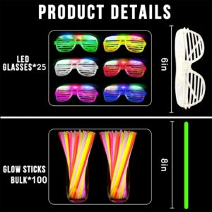 125 Pack New Years Eve Glow in The Dark Party Supplies Light Up Party Favors with 100 Glow Sticks and 25 Led Glasses Shutter Shades Sunglasses Neon Accessories for Kid Adult New Years Birthday Wedding