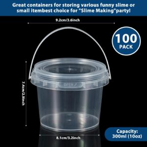 Maxcheck 100 Pcs 10 oz Containers Bulk with Lids and Handles Plastic Clear 300ml Storage Bucket Storage Containers Mini Storage Case for DIY Art Craft, Pigment, Small Tools, Part Material