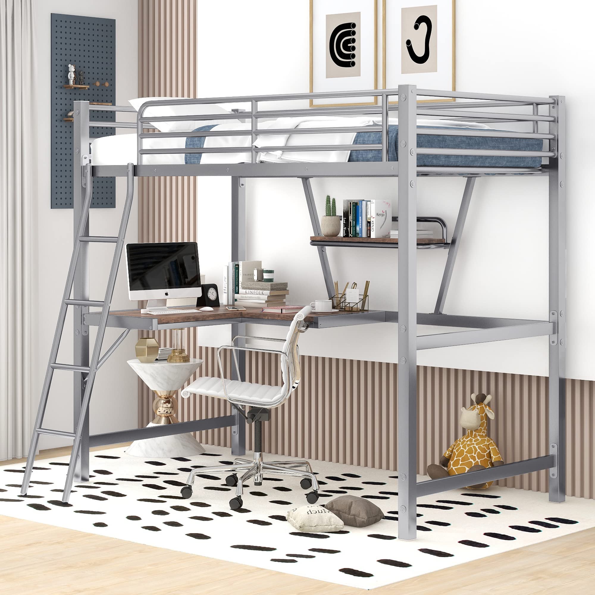 Twin Size Loft Metal&MDF Bed with Desk and Shelf,Space-Saving Furniture for Teen bedrooms.No Box Spring (Silver~P)